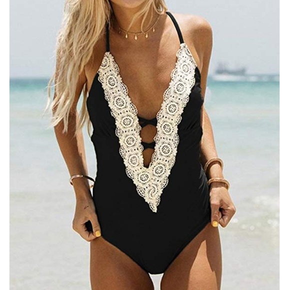 Other - NWOT Black Lace Accent Boho One Piece Swimsuit